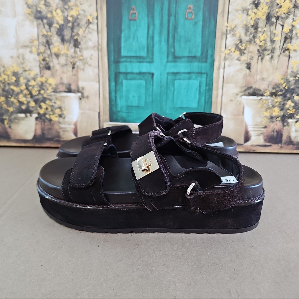 Steve Madden Big Mona Platform Sandals Women 10 Brown Leather Gold Turn Lock